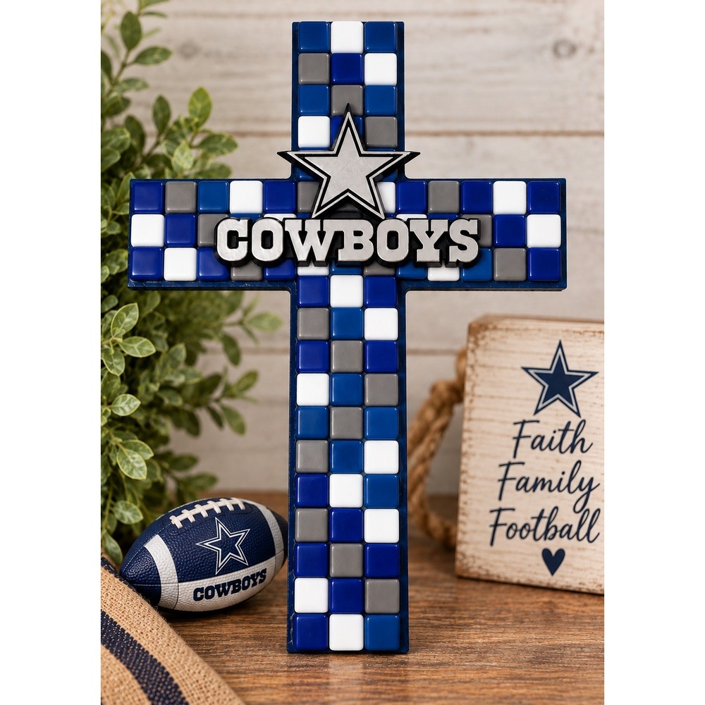 Dallas Cowboys Mosaic Handmade Football Cross Blue Gray White Wall Decor